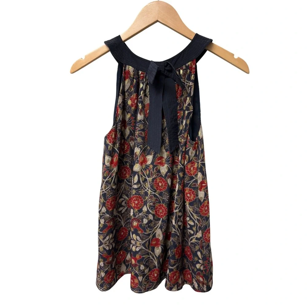 Tory Burch Blouse Womens 4 Navy Blue Silk Metallic Floral Halter Pleated Top EUC